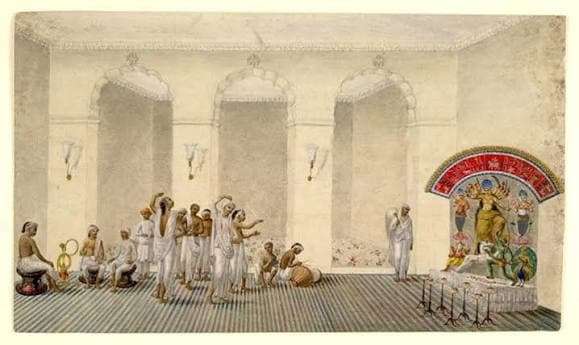 A Company-school painting of a household Durga Puja