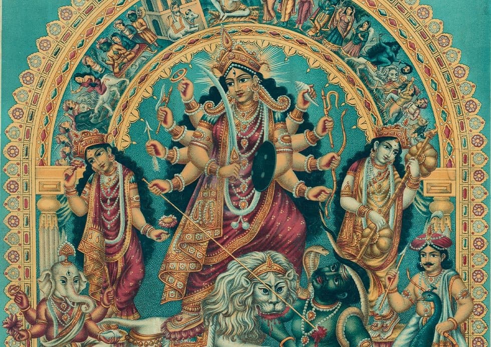 An ornate painted ek-chala with smaller figures set into the arch