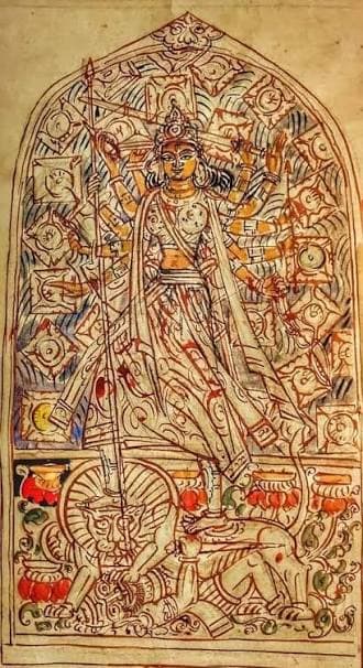 An illuminated manuscript folio showing Durga slaying the buffalo demon