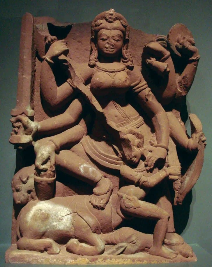 A sandstone relief of Durga killing the buffalo demon, Rajasthan