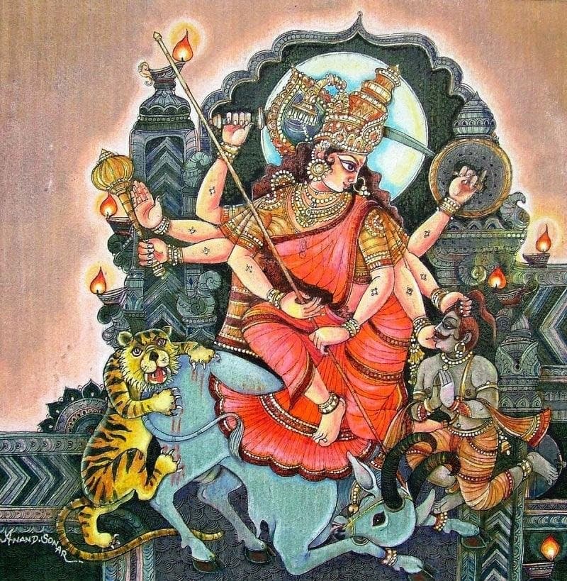 A twentieth-century painted Durga whose mount is a tiger
