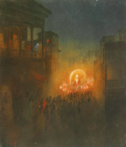 A nineteenth-century painting of a Durga Puja at night in Kolkata