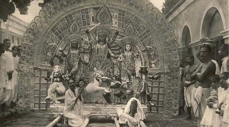A photograph of a household Puja in a thakur dalan, late nineteenth or early twentieth century