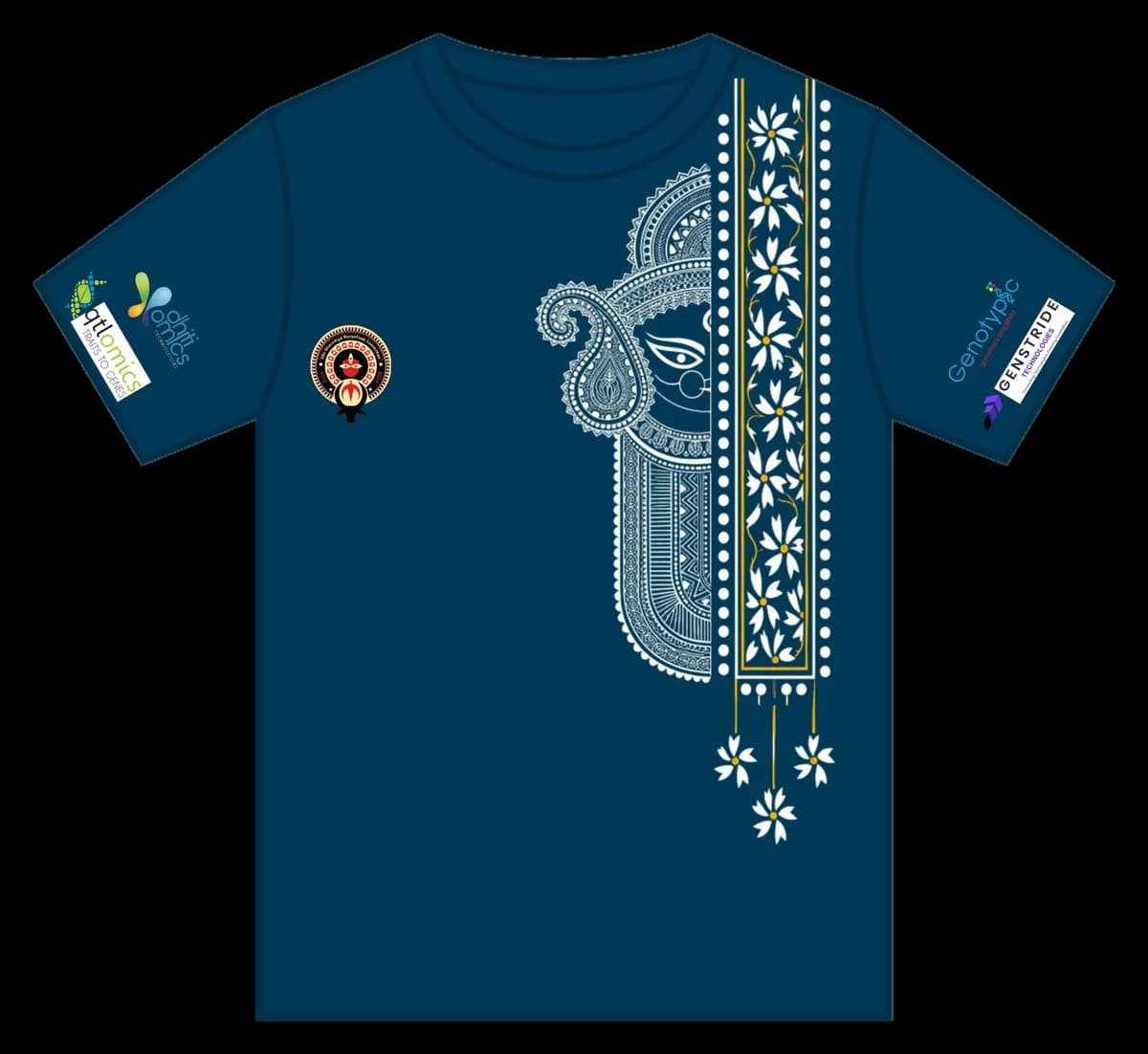 Pujo Hits IISc T-shirt, front: Durga in white alpona with a floral border, the committee crest on the chest, and the title sponsor's four marks on the sleeves.