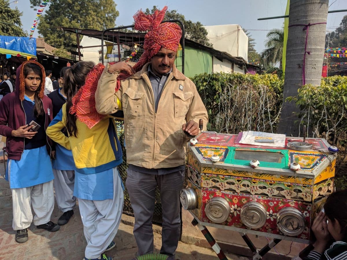 A surviving bioscope at Dilli Haat in 2019, now worked as a heritage demonstration rather than as a livelihood.