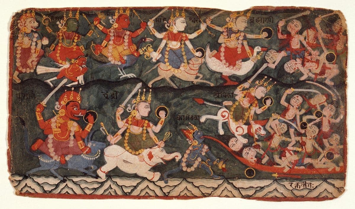 The eight mother goddesses ride into battle against Raktabija on their vahanas: a folio from an early nineteenth-century Nepali Devi Mahatmya.