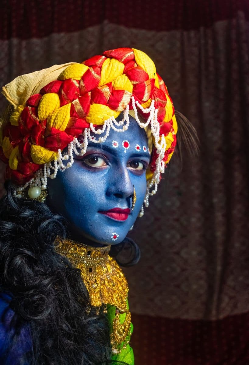 An actor made up as Krishna, the repertoire from which jatra grew before its nineteenth-century secularisation.