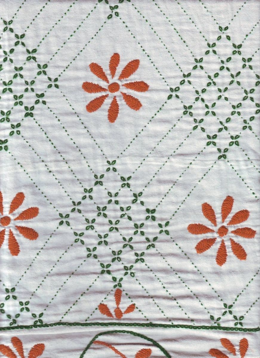 A flower motif in contemporary nakshi kantha, worked freehand without a frame or a drawn design.