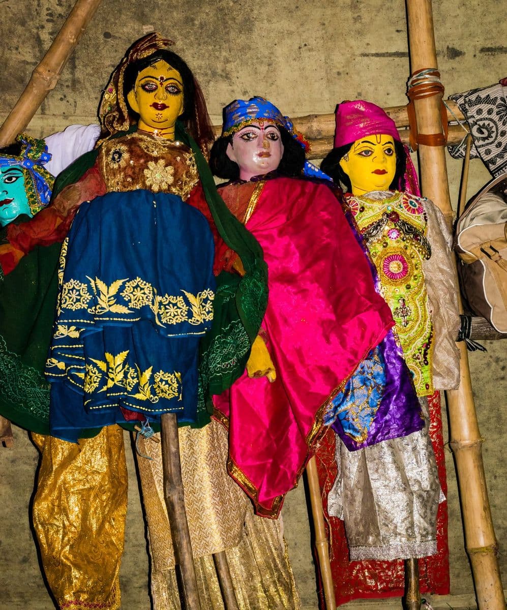 Bengali rod puppets, heads modelled over bamboo in clay and rice husk, costumed and painted as jatra characters.