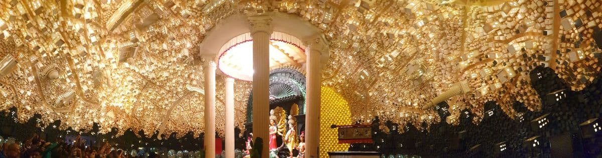 Inside a Kolkata pandal in 2019: a temporary interior built in bamboo and cloth, occupied for five days and then dismantled.