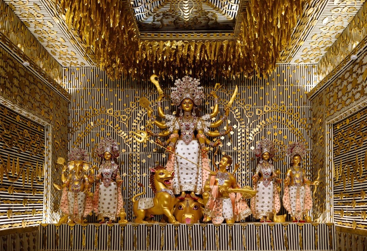 Chaltabagan's 2019 puja in Manicktala, north Kolkata, where the idol is designed to sit inside the pandal's concept.